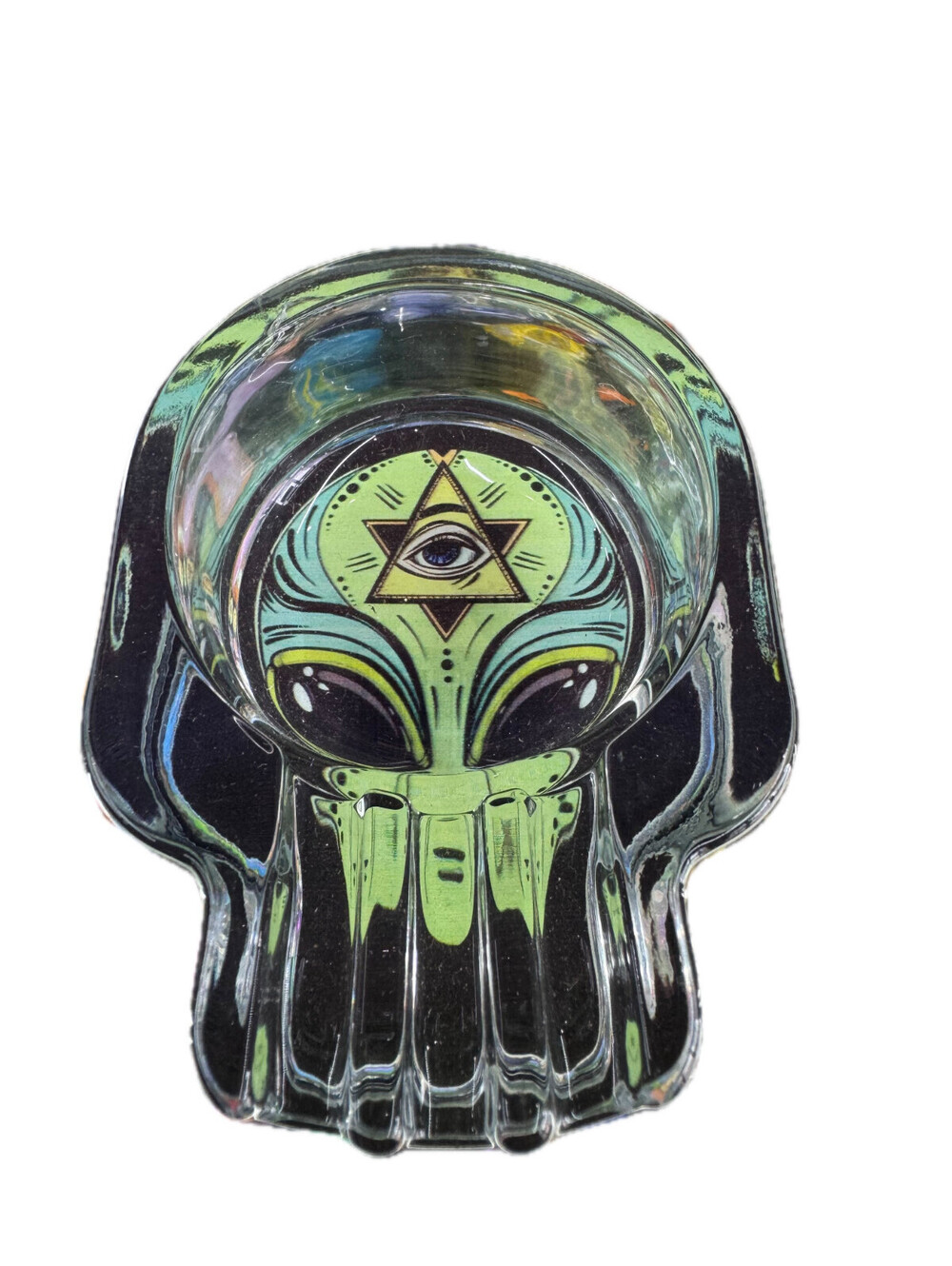 Colorful Vintage Cigar Ashtray Thick Glass Tobacciana Heavy Cut Art -Alien Green